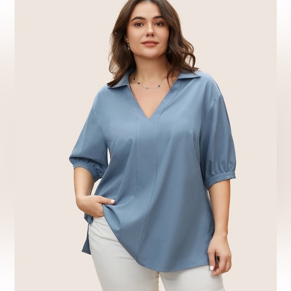 BloomChic Plus Size Plain Lapel Collar Gathered Puff Sleeve Blouse - Picture 1 of 7